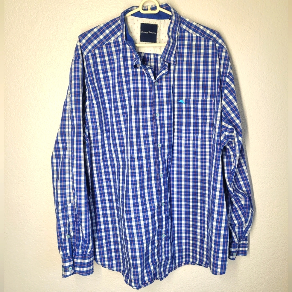 Tommy Bahama Blue & Pink  Plaid Button-Up Shirt 100% Cotton